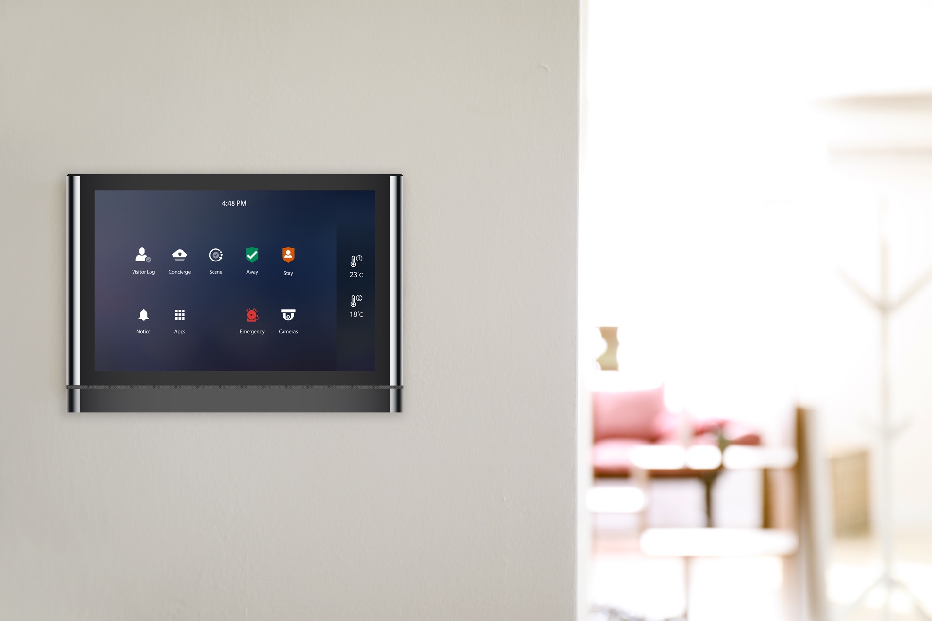 Tablet computer with smart home application on wall NAVICOMM Solutions wall pad in a suite